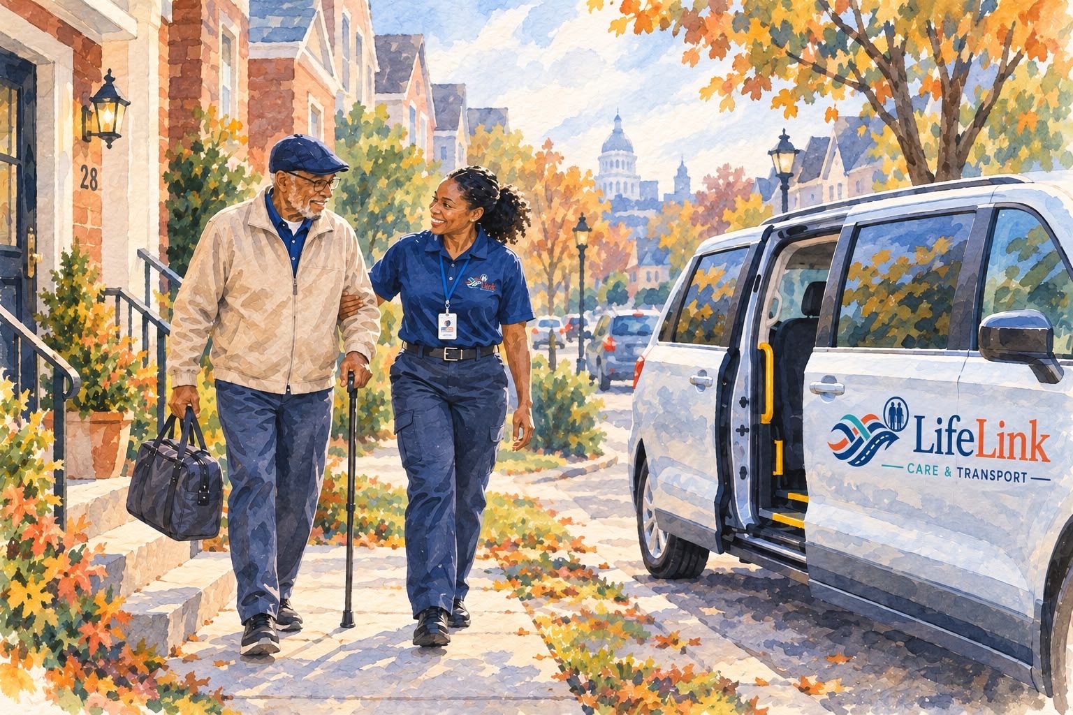 A LifeLink driver and an older man walk together down a tree-lined neighborhood street toward the van.