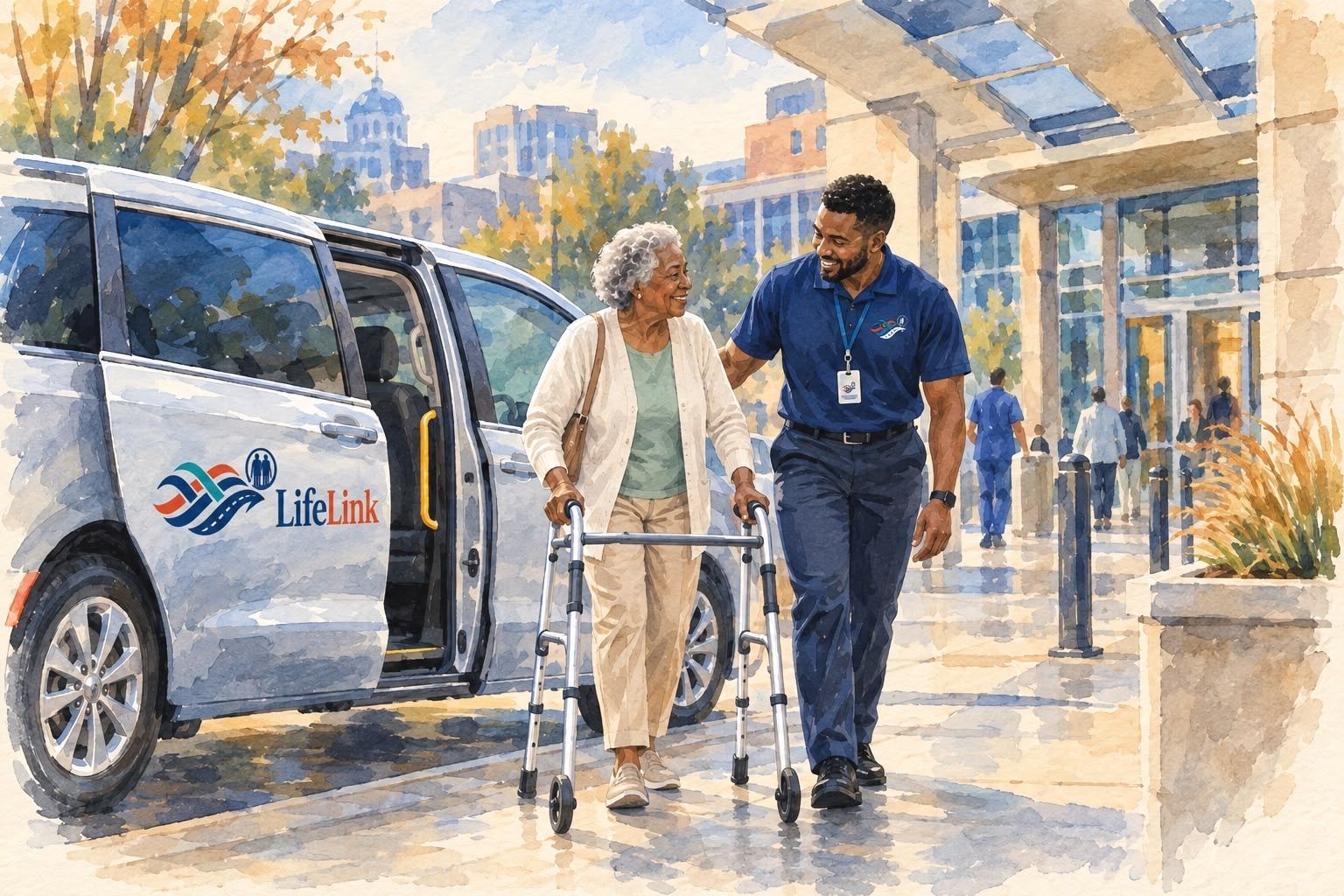 A LifeLink driver walks beside an older woman using a walker from the van to a medical building entrance.