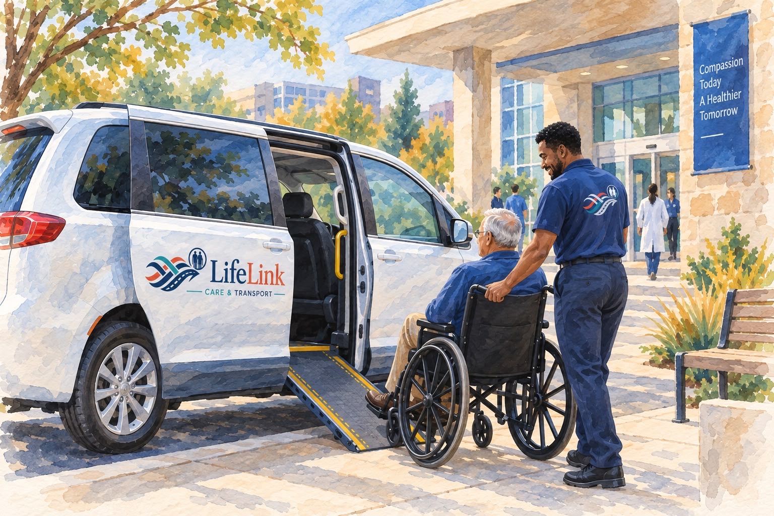 A LifeLink driver guides a rider in a wheelchair up the van's ramp outside a medical center entrance.